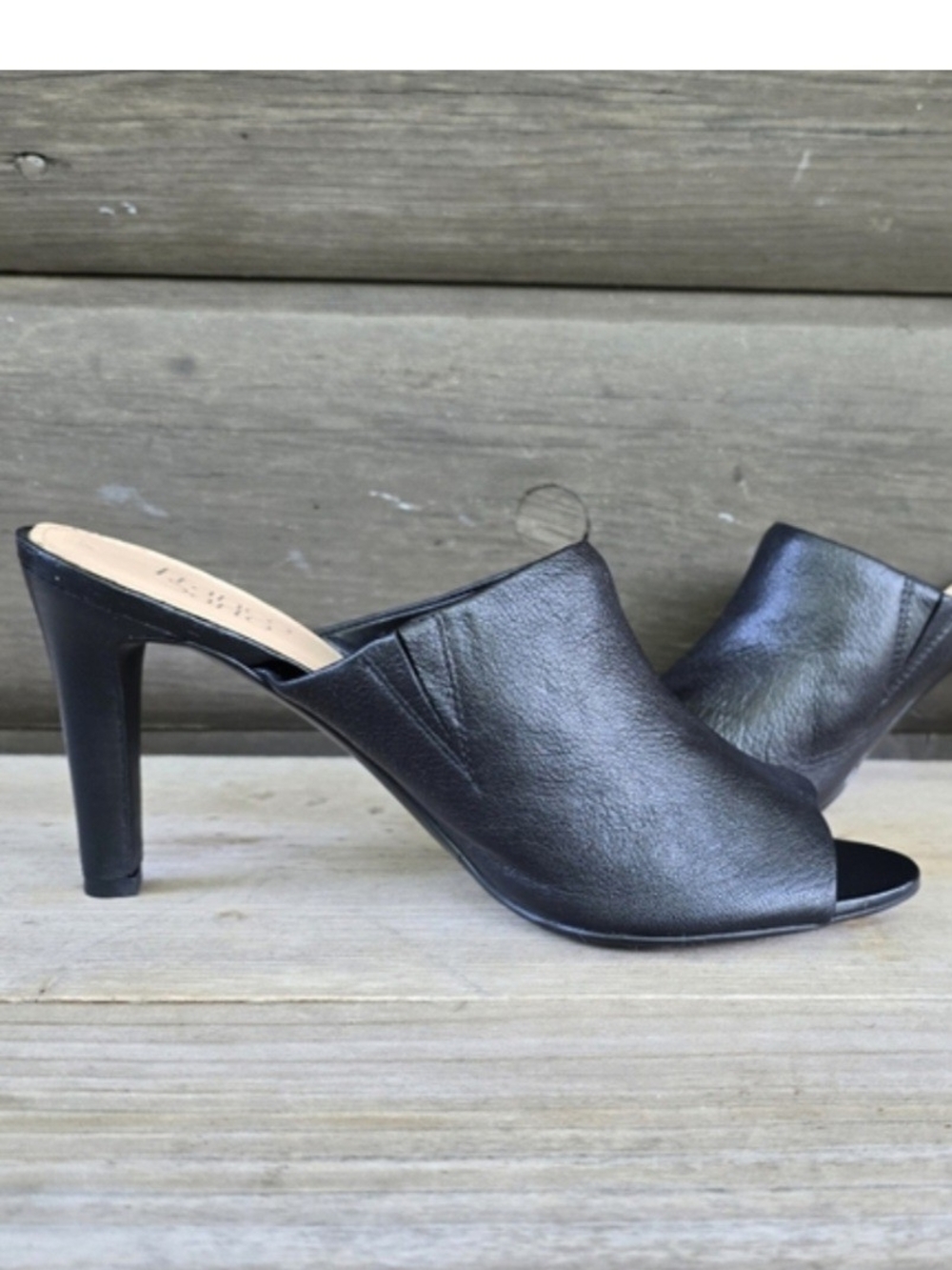 Franco Sarto Black Leather Open-Toe Mule Heels